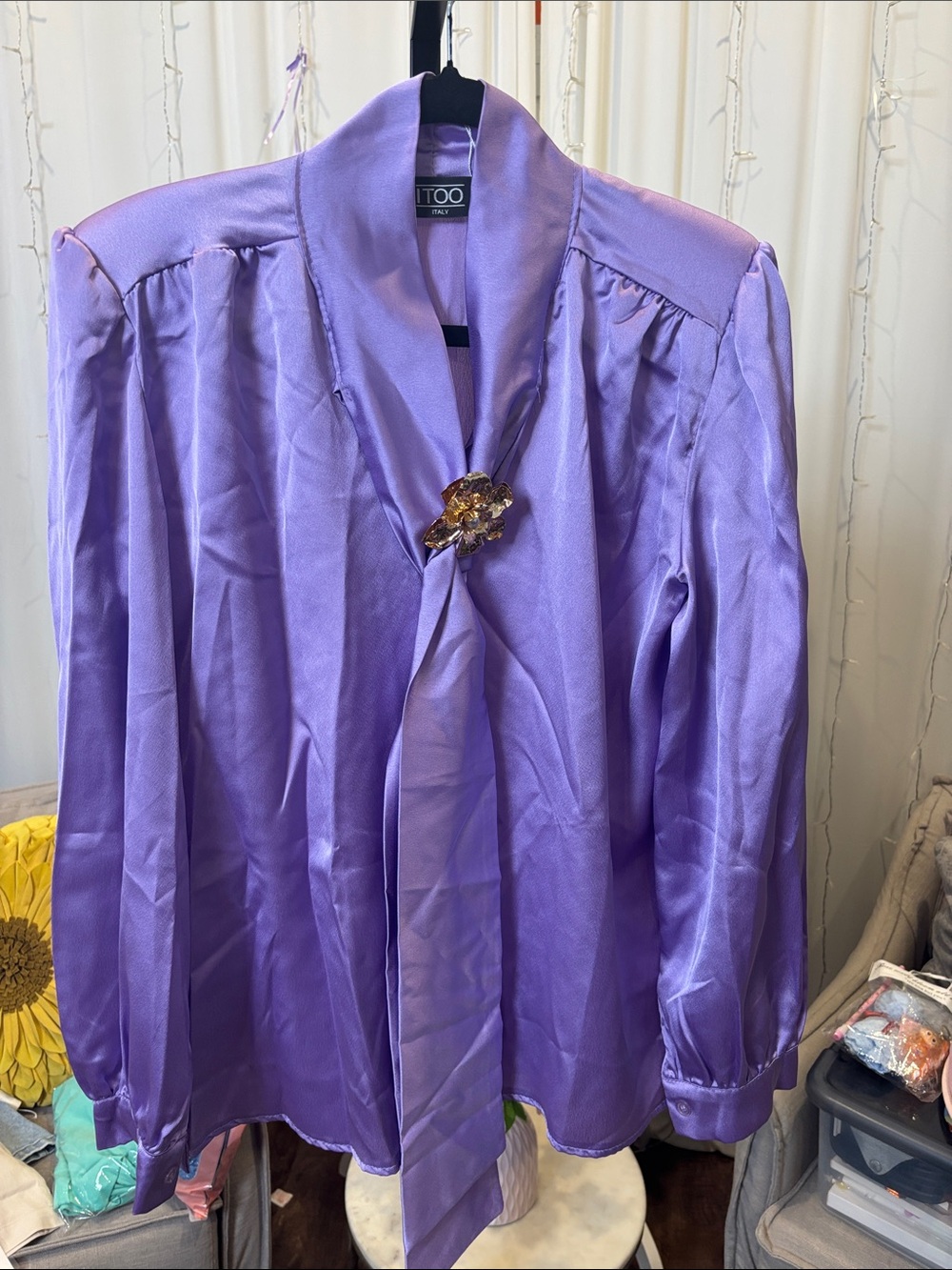 Silky Lavender Tie-Neck Blouse with Decorative Brooch
